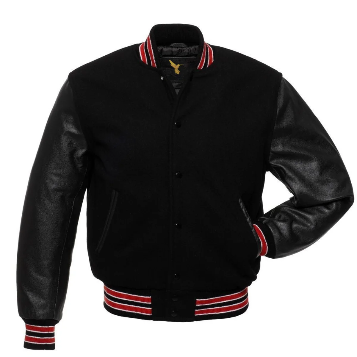 Left Image of Black Varsity Jacket